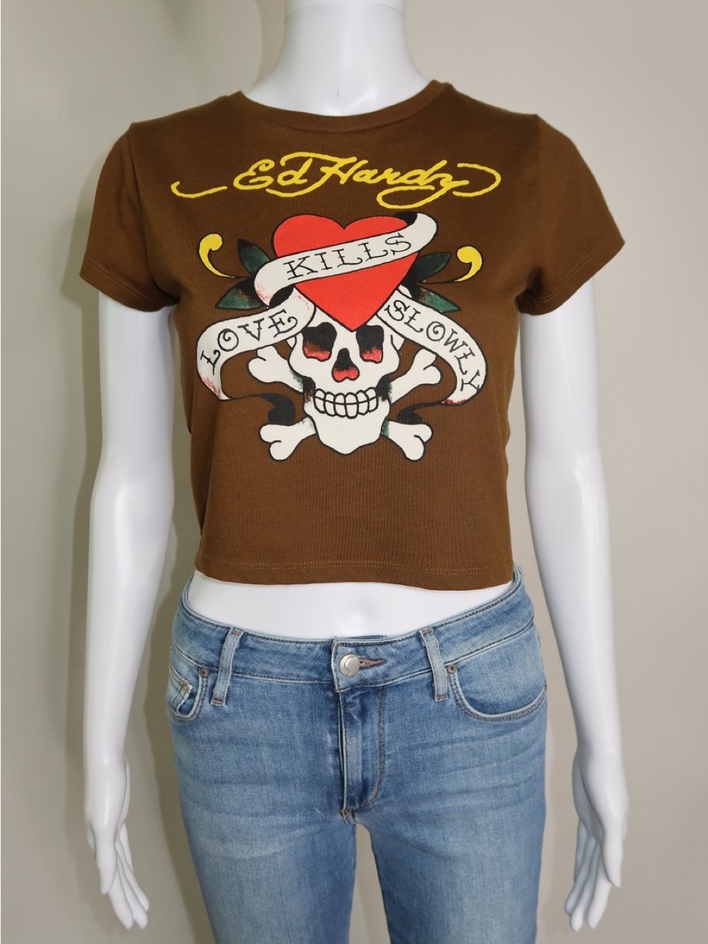 Ed Hardy Brown Skull & Heart Graphic Crop Tee